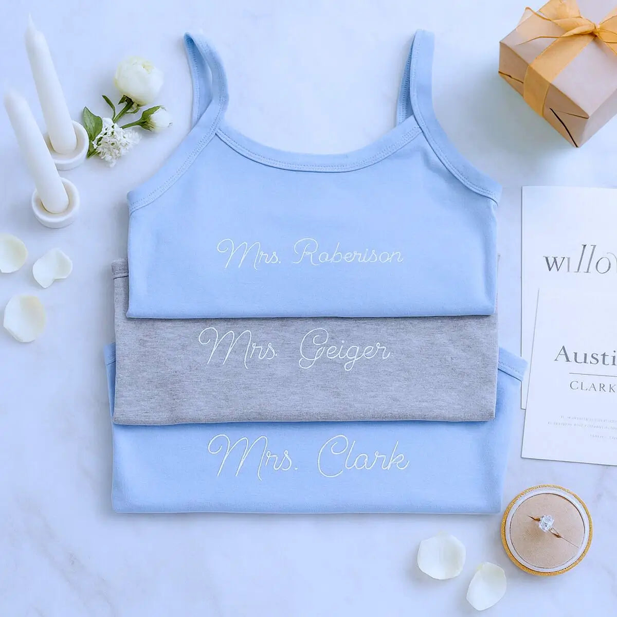 Personalized Embroidered Text Spaghetti Strap Tank Top, Custom Womens Rib Baby Tee