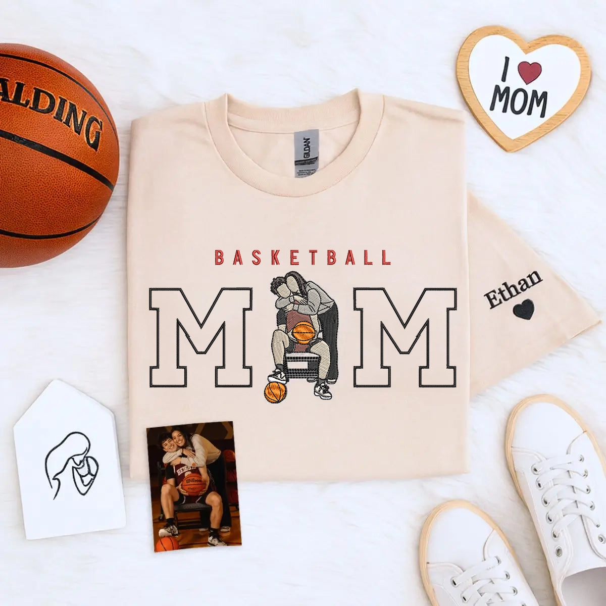 Personalized Basketball Mom Embroidered Shirt with Childs Portrait, Custom Mom Gift