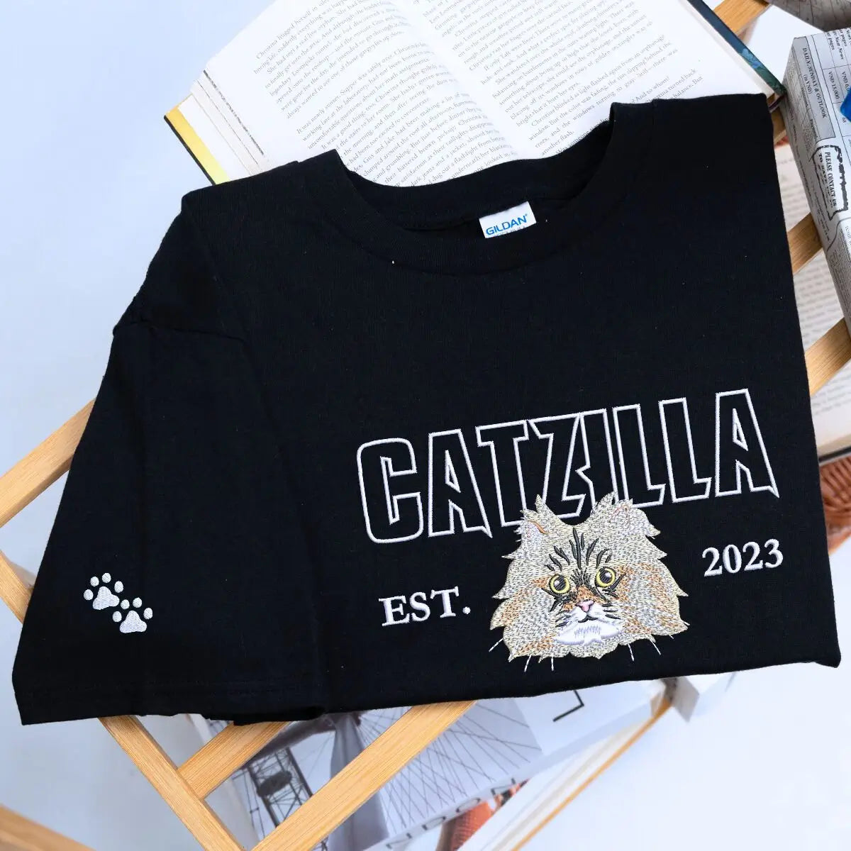 Embroidered Cat Face Custom T-Shirt Gift for Cat Lovers