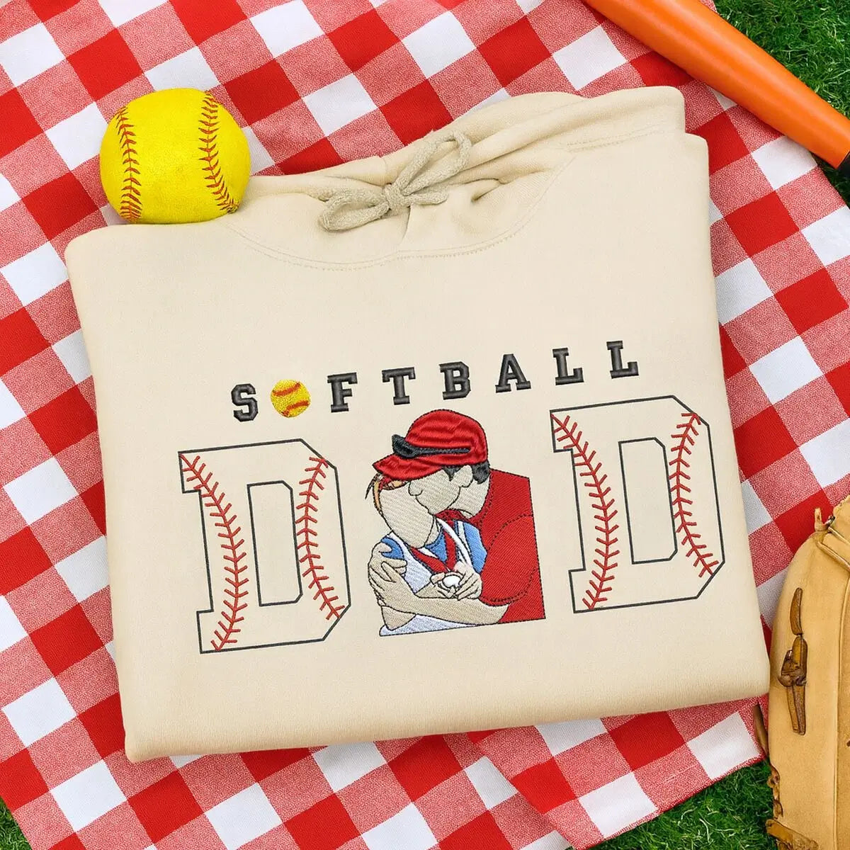 Personalized Softball Dad Embroidered Hoodie with Photo Portrait, Kids Name, Fathers Day Gift