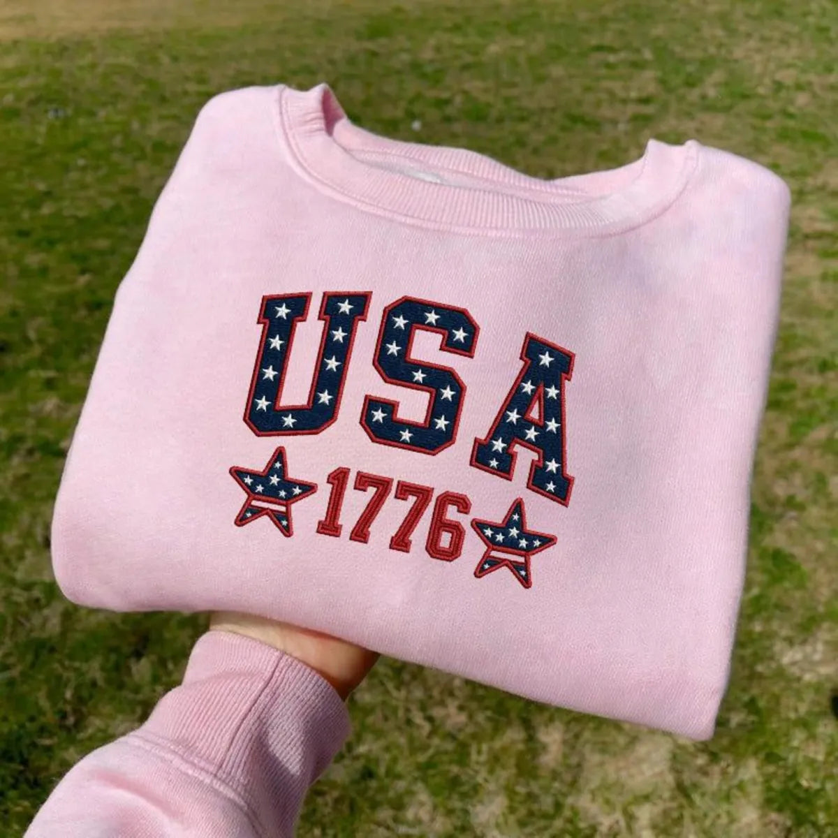 Embroidered USA Flag 1776 Patriotic Sweatshirt - Classic Varsity Style