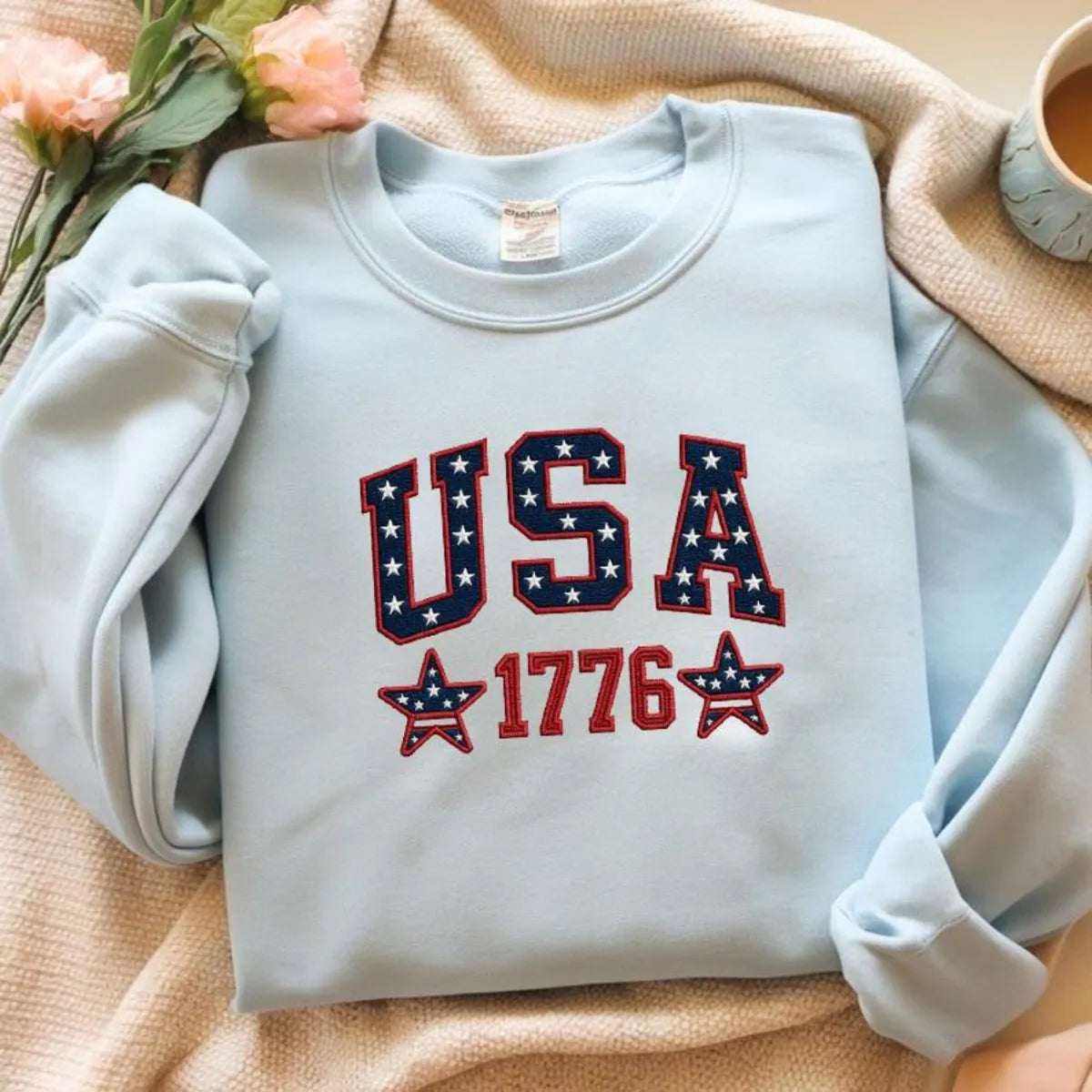 Embroidered USA Flag 1776 Patriotic Sweatshirt - Classic Varsity Style