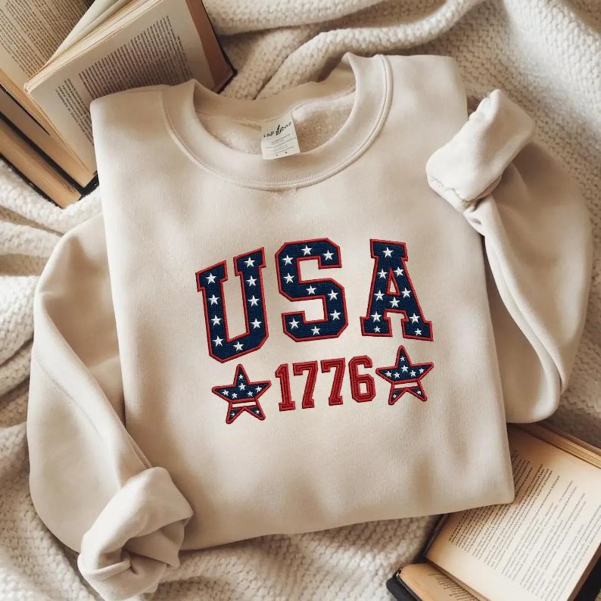 Embroidered USA Flag 1776 Patriotic Sweatshirt - Classic Varsity Style