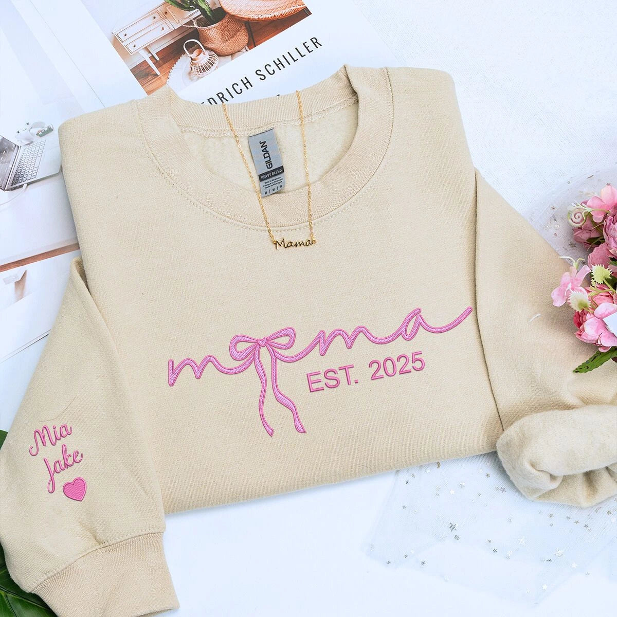 Custom Embroidered Mama Coquette Sweatshirt with Kids Names & Bow
