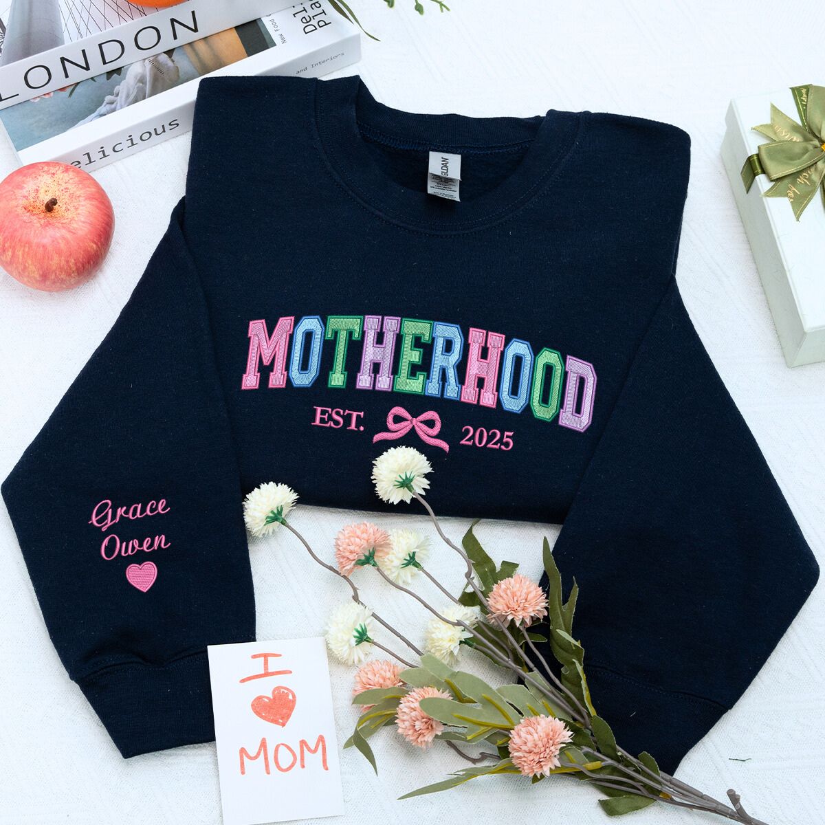 Personalized Motherhood Sweatshirt with Kids Names, Stylish Gift for Mom