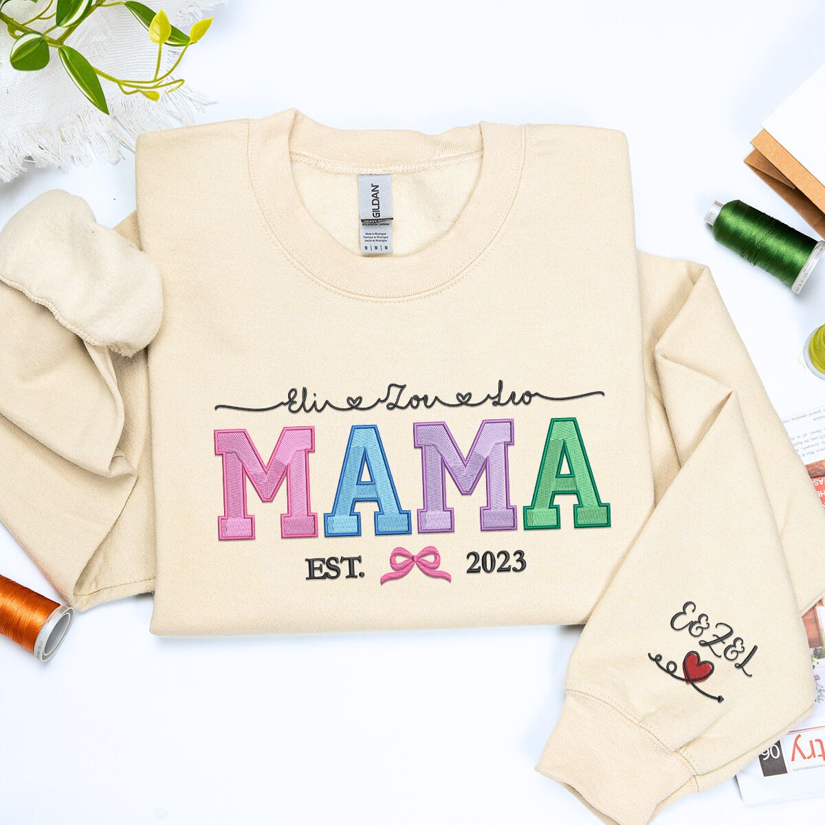Personalized Mom Heart Sweatshirt with KidsNames Embroidered