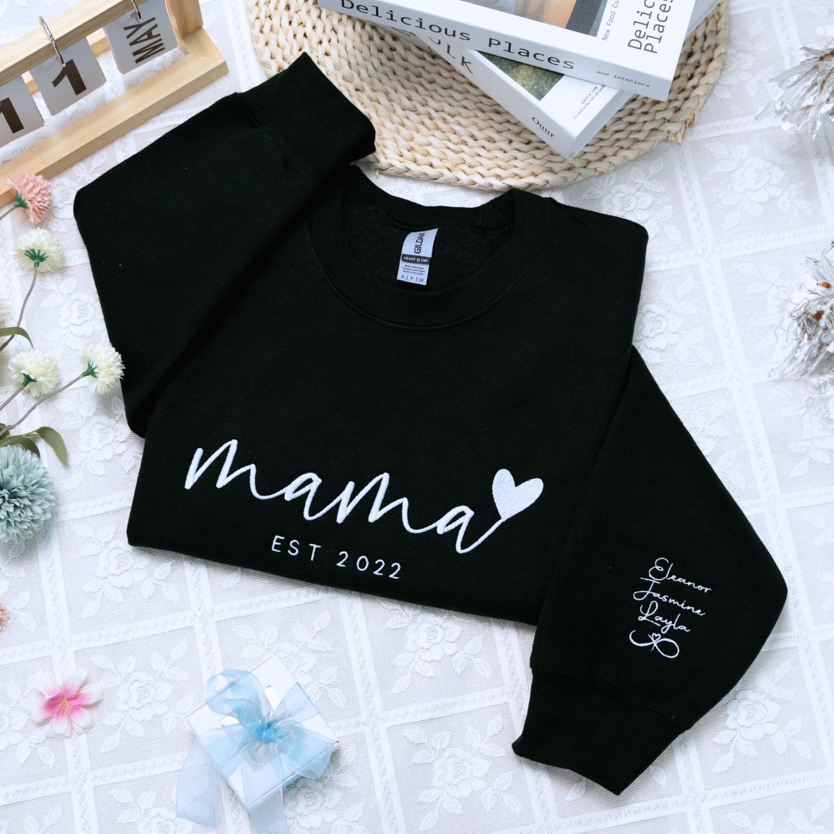 Embroidered Mama Heart Sweatshirt or Hoodie - Mothers Day Custom Gift