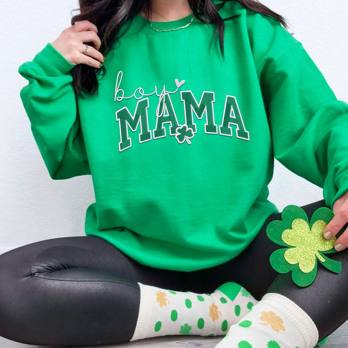 Lucky Boy Mama Saint Patricks Day Embroidered Sweatshirt