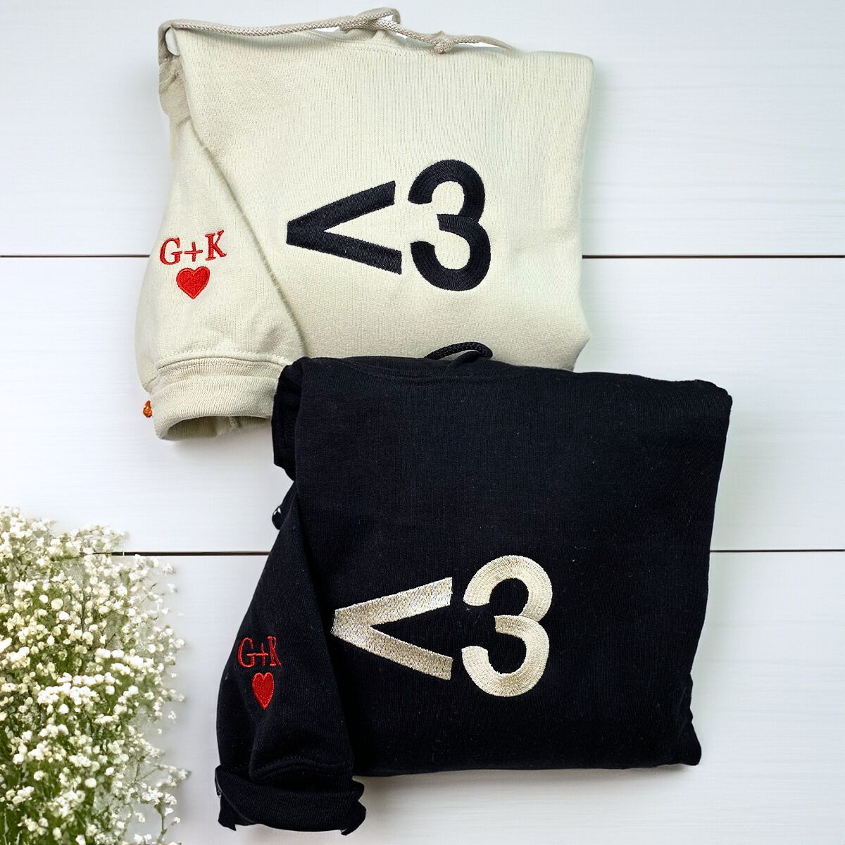 Personalized Love Heart Embroidered Sweatshirt Hoodie Couple Gift