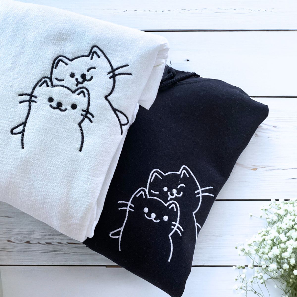 Embroidered Doodle Cat Matching Sweatshirt or Hoodie, Personalized Valentines Day Gifts