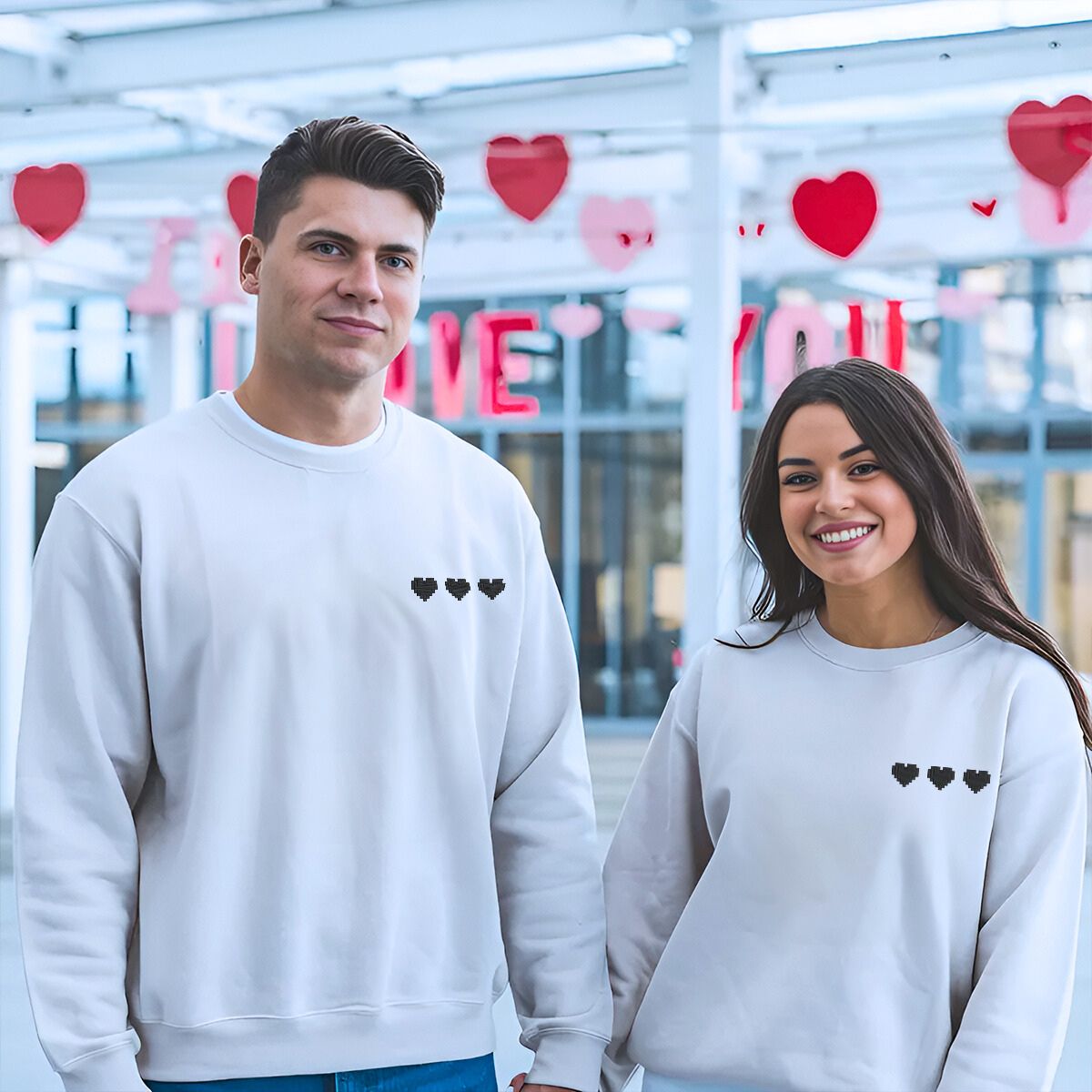 Pixel Hearts Embroidered Sweatshirt or Hoodie in Retro Style
