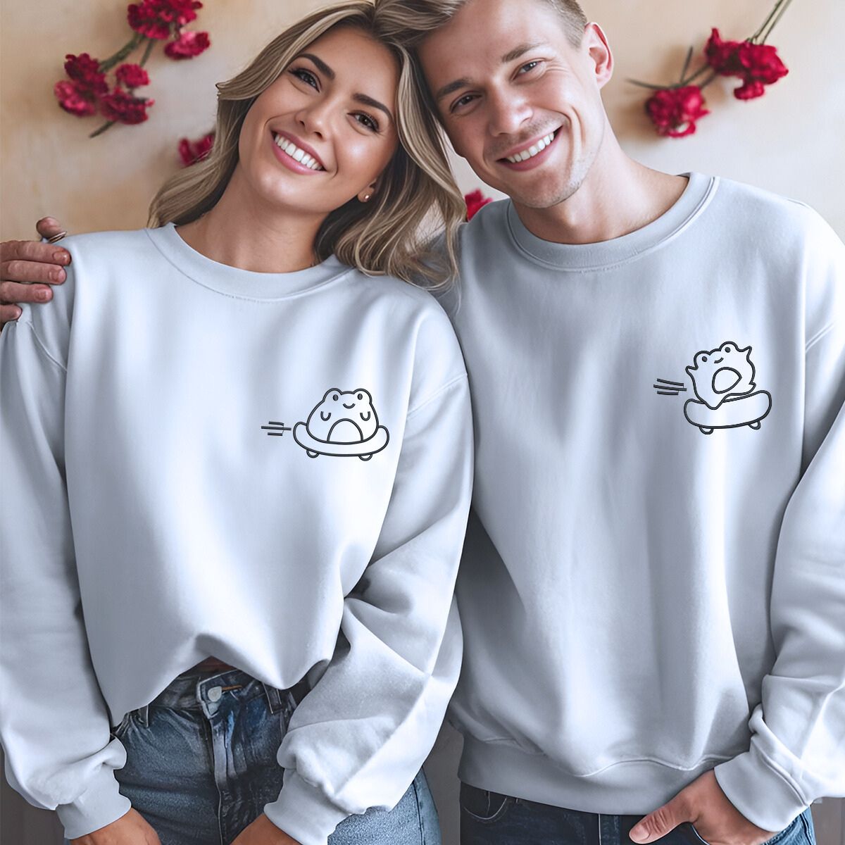 Custom Frog Embroidered Matching Hoodies for Couples