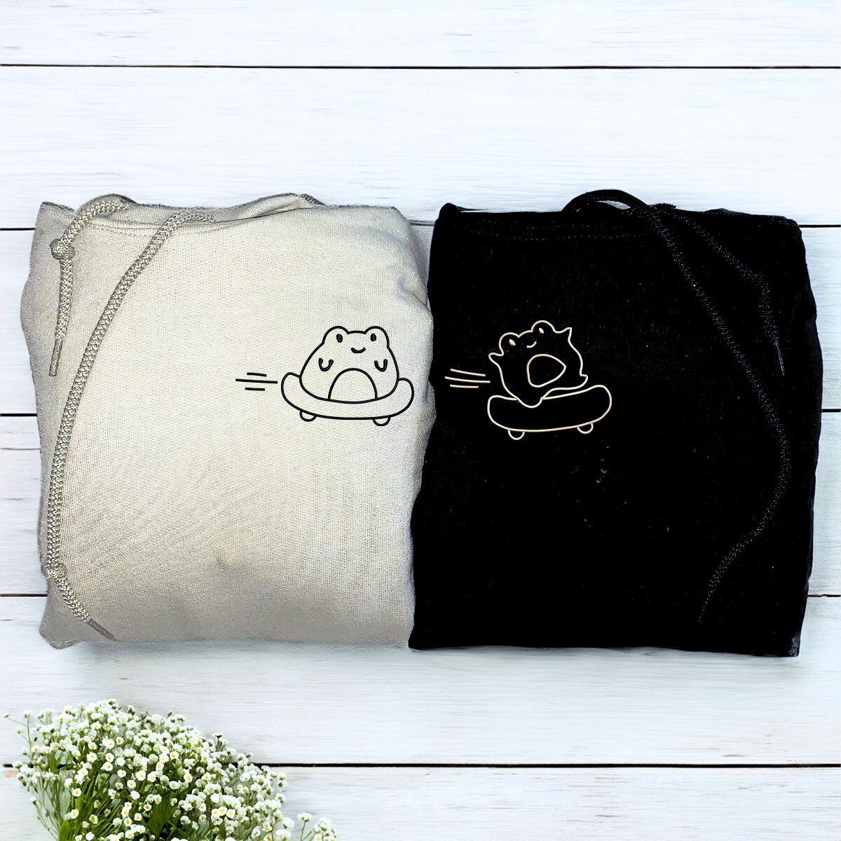 Custom Frog Embroidered Matching Hoodies for Couples