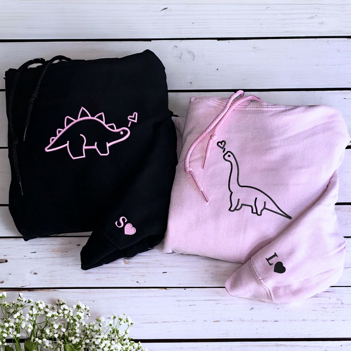 Custom Dinosaur Couple Embroidered Sweatshirt or Hoodie - Romantic Valentines Gift