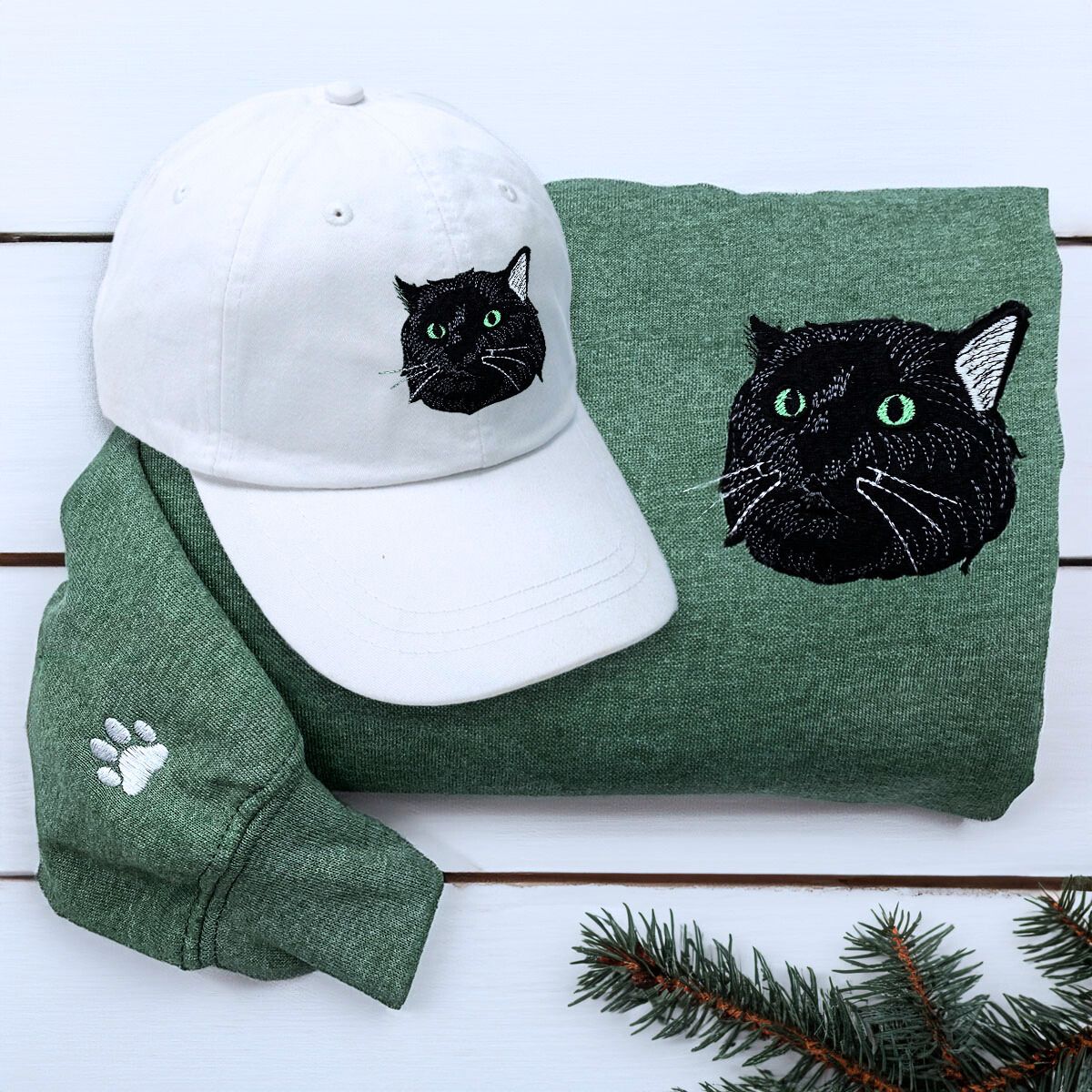 Cat Print Embroidered Sweatshirt & Hat Bundle Set