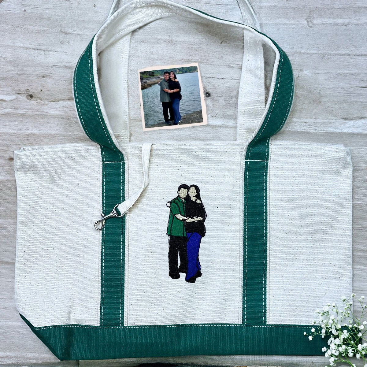 Personalized Embroidered Couple Photo Tote Bag - Custom Artistic Keepsake
