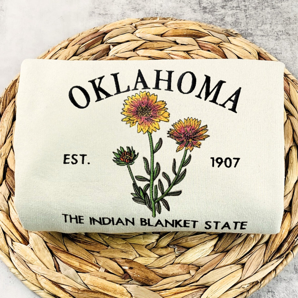 Embroidered Oklahoma State Sweatshirt with Indian Blanket Flower Design