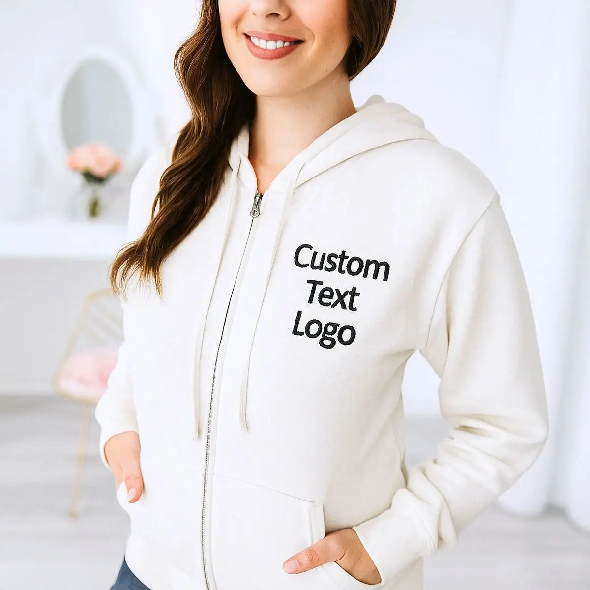 Custom Embroidered Logo Zip-Up Hoodie - Premium Personalized Apparel