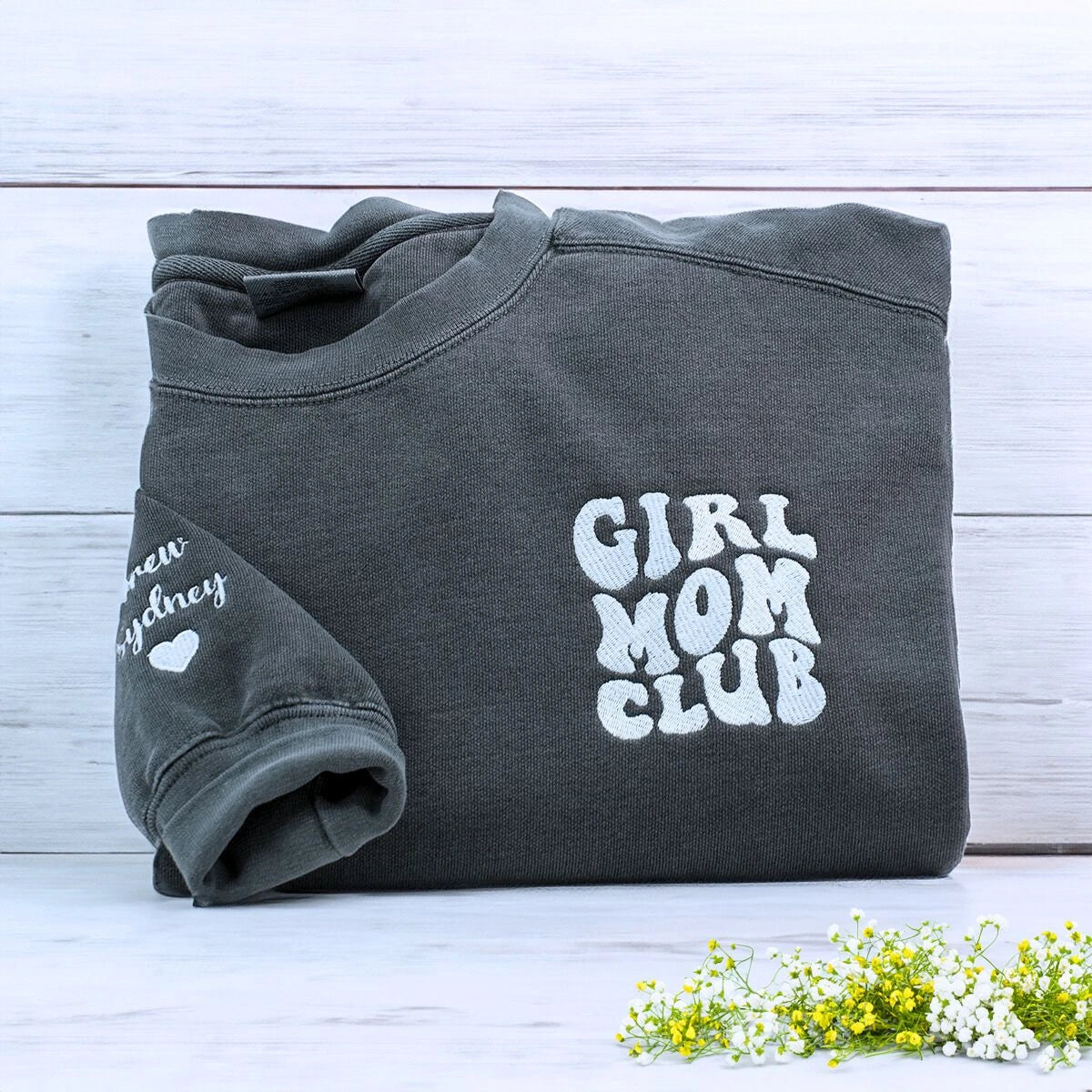 Girl Mom Embroidered Heart Sweatshirt or Tee with Kids Names