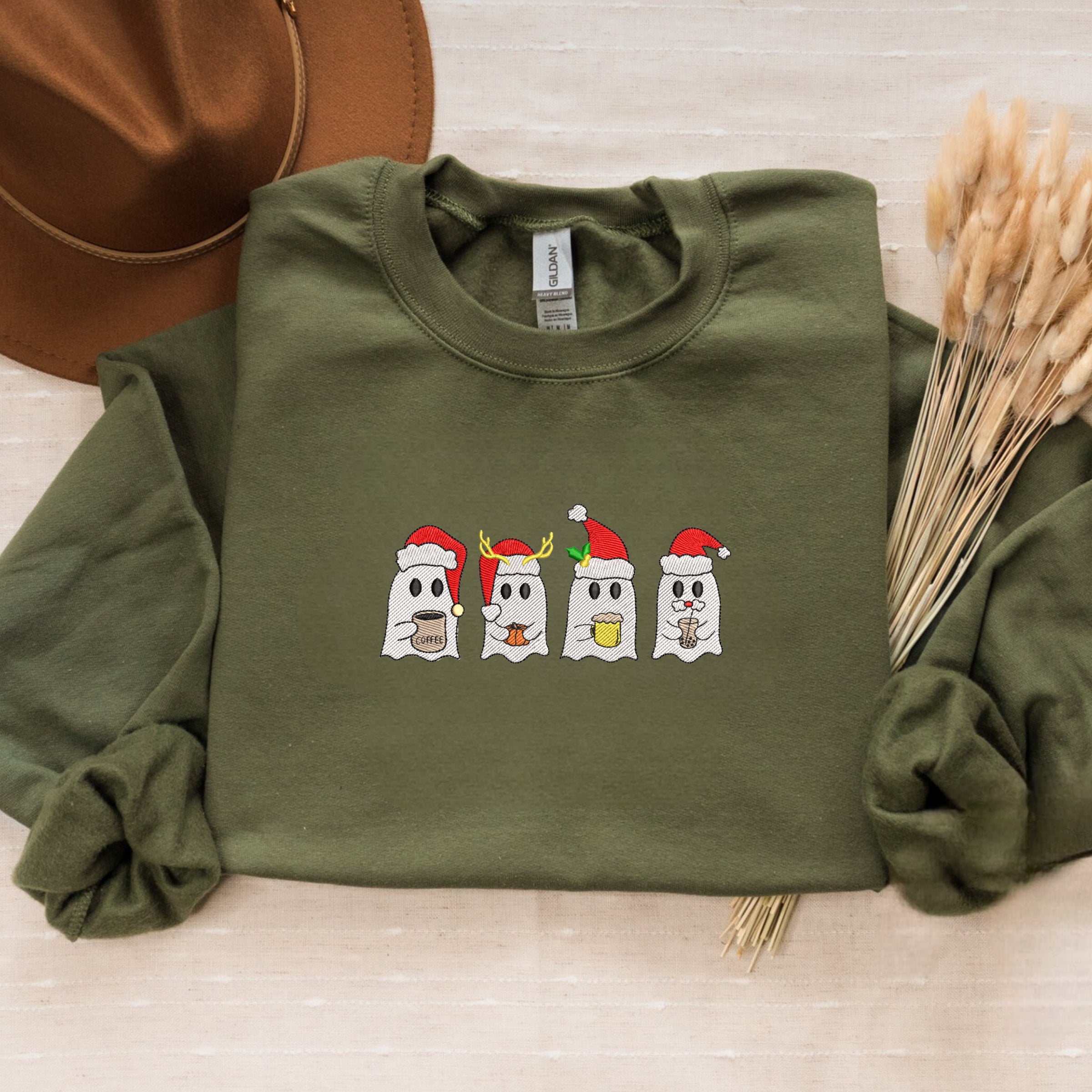 Festive Ghost Christmas Sweatshirt - Cozy Coffee Lovers Holiday Apparel