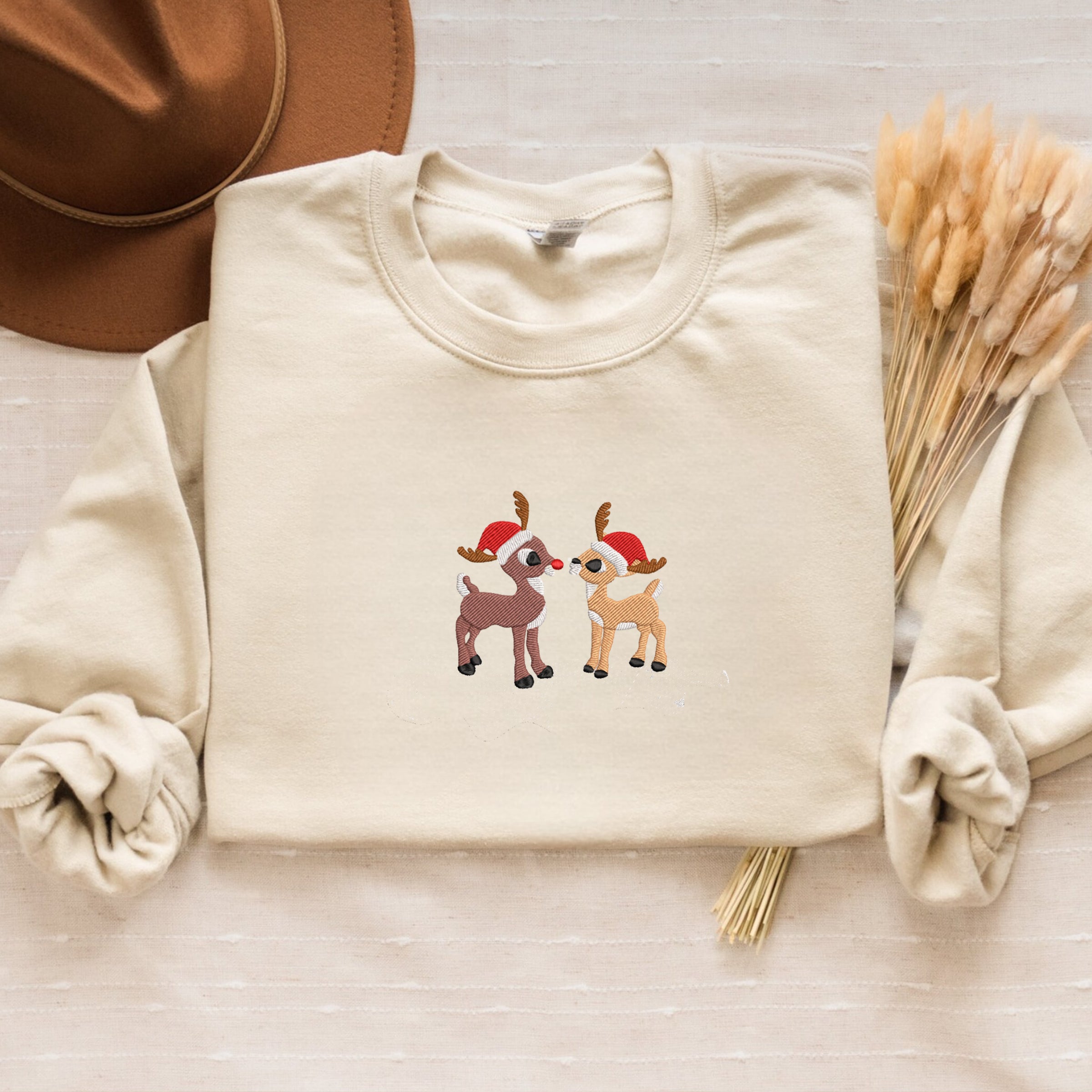 Rudolph & Clarice Christmas Sweatshirt with Embroidery, Festive Crewneck or Hoodie