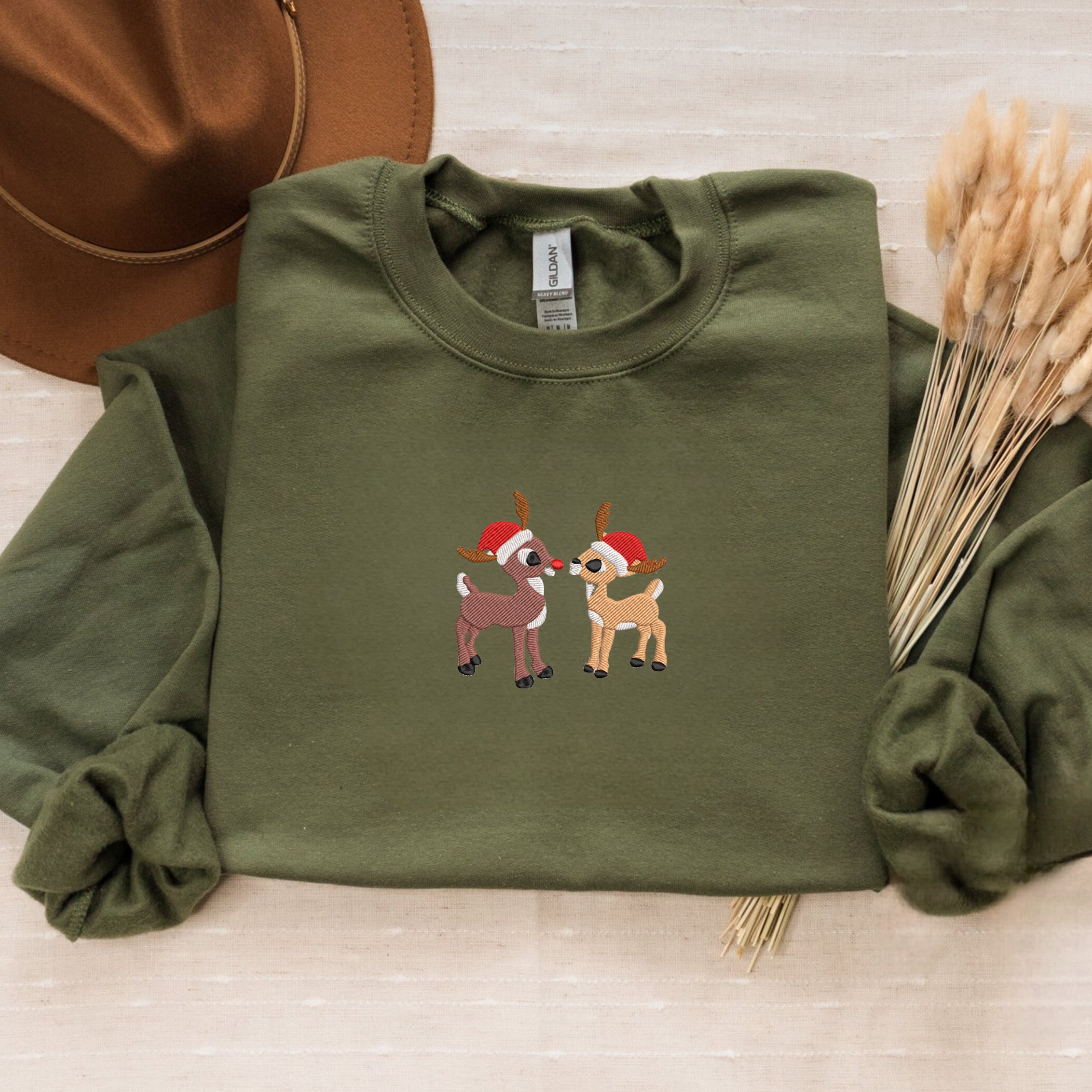Rudolph & Clarice Christmas Sweatshirt with Embroidery, Festive Crewneck or Hoodie