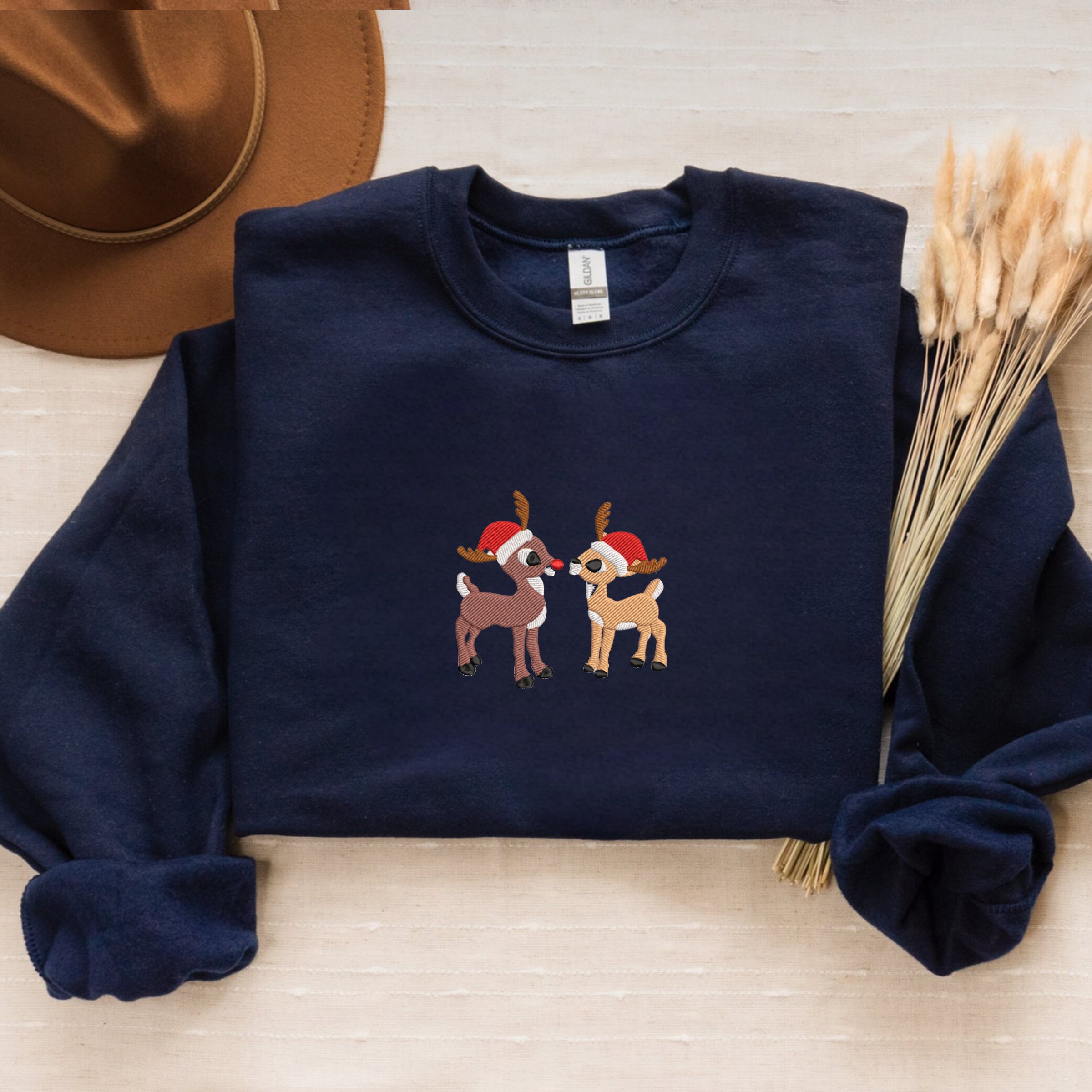 Rudolph & Clarice Christmas Sweatshirt with Embroidery, Festive Crewneck or Hoodie