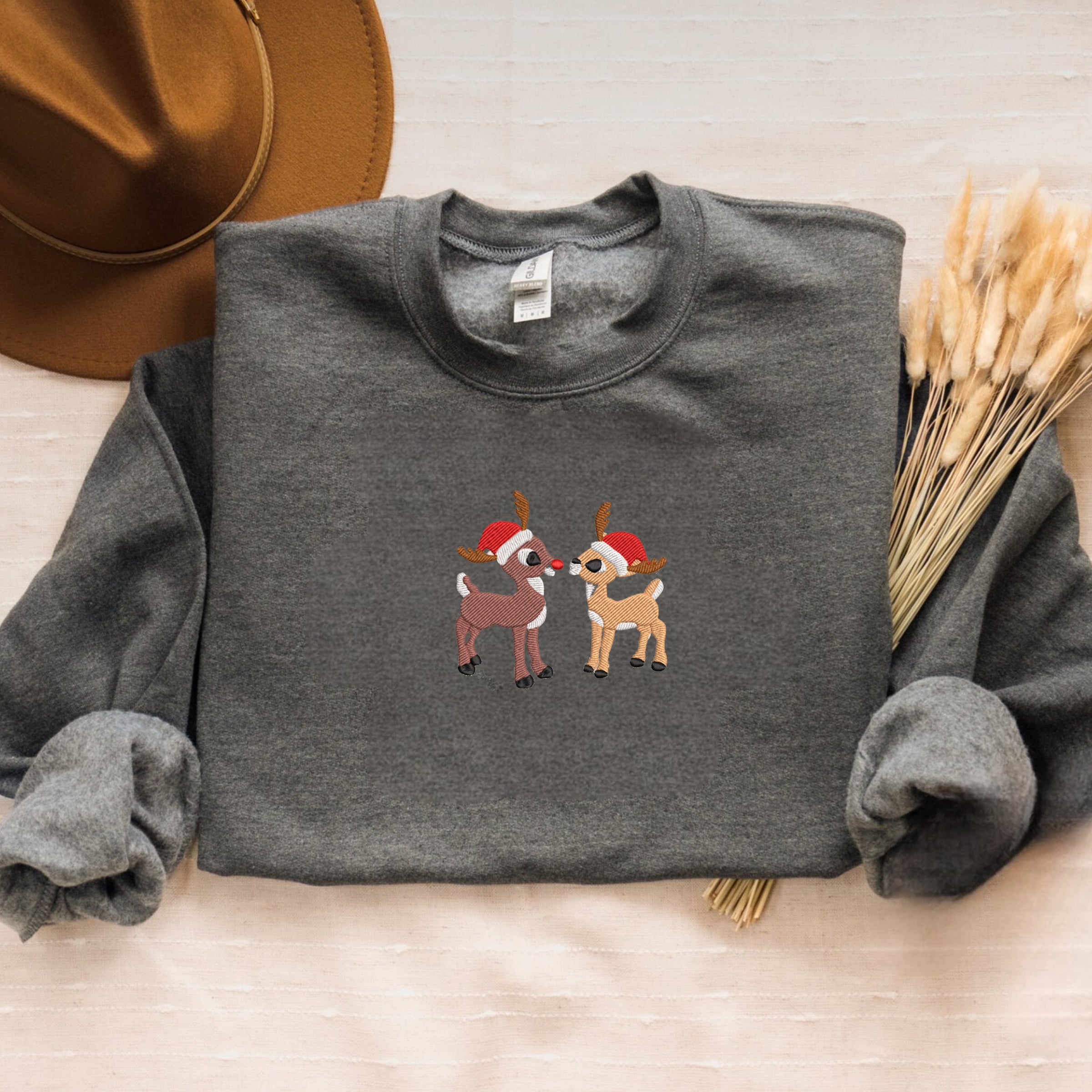 Rudolph & Clarice Christmas Sweatshirt with Embroidery, Festive Crewneck or Hoodie