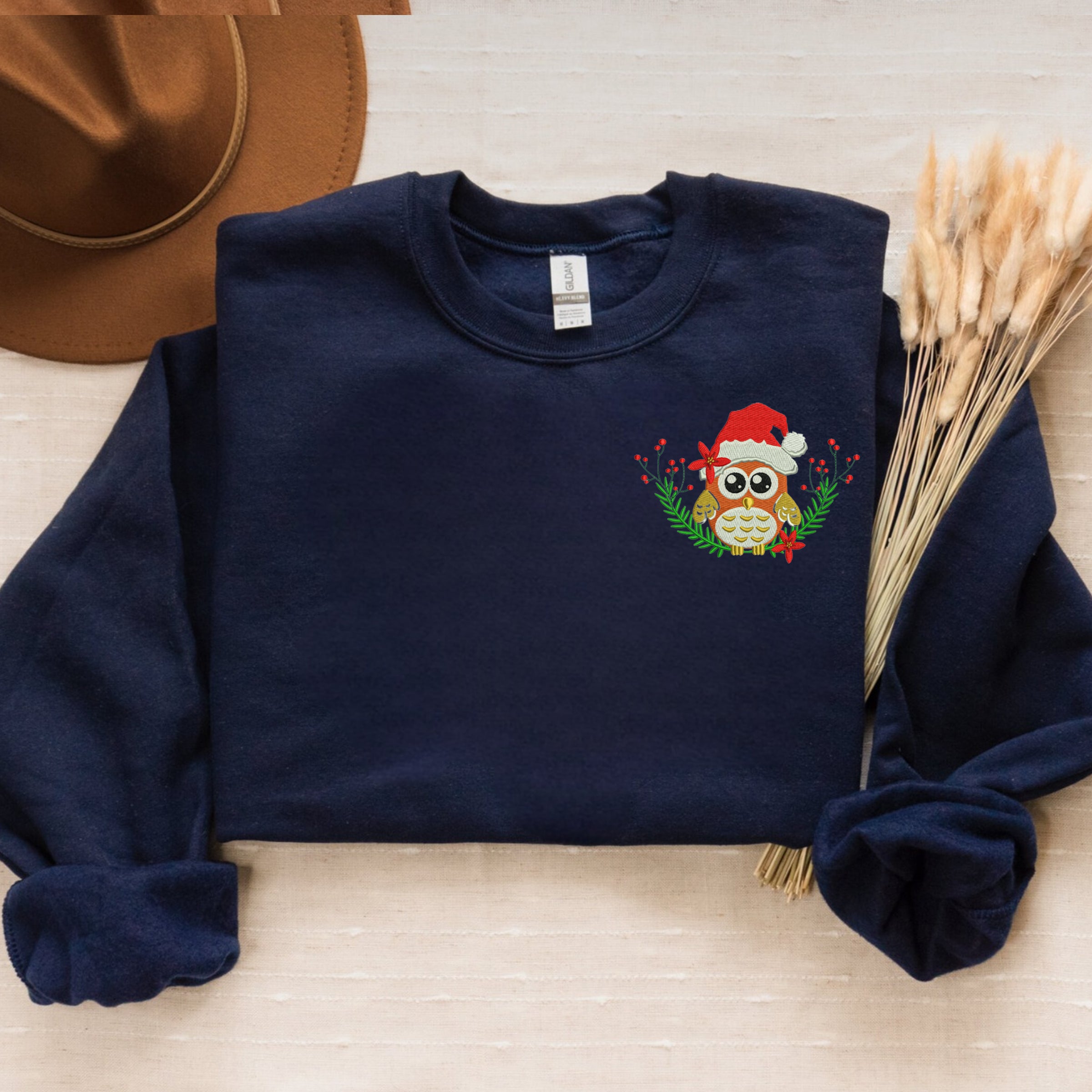 Christmas Owl Embroidered Sweatshirt, Cute Santa on Pocket