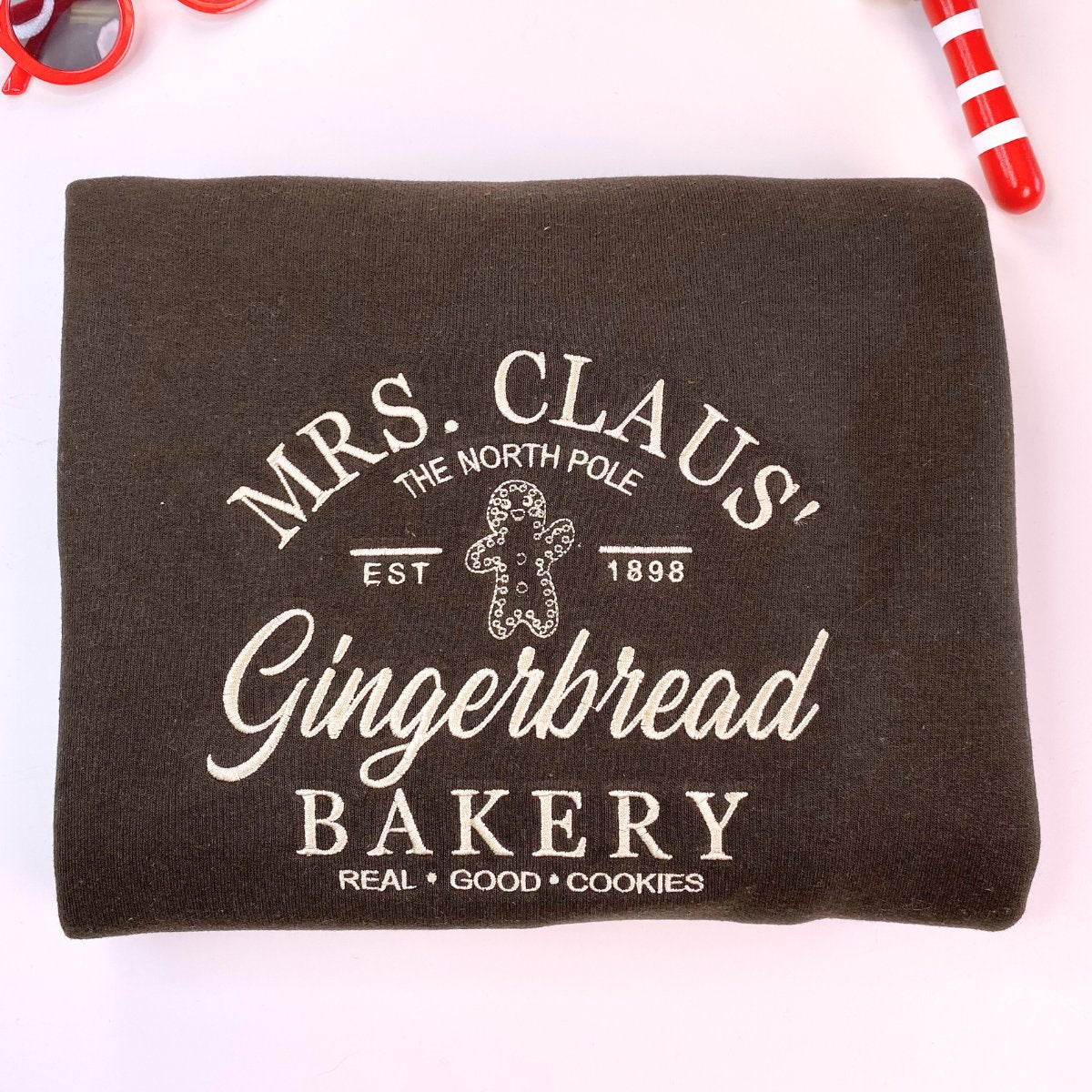 Festive Mrs Claus Gingerbread Bakery Embroidered Sweatshirt for Christmas