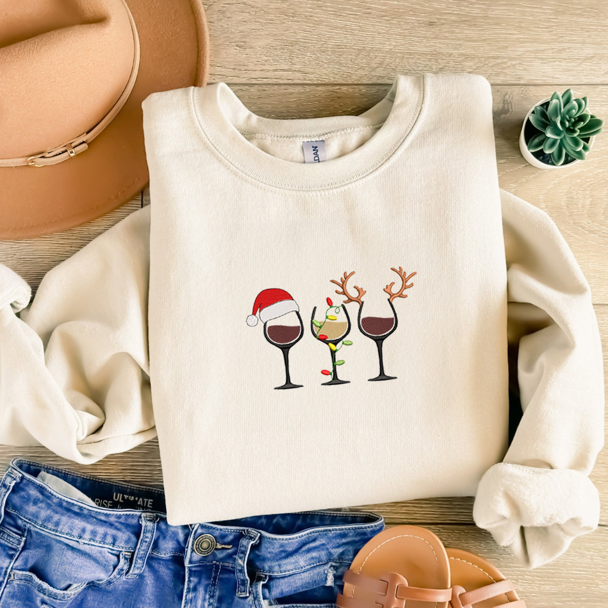 Festive Christmas Wine Sweatshirt, Embroidered Lights, Holiday Cheer