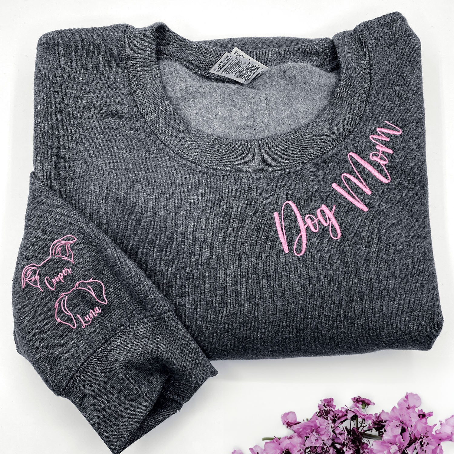 Dog Mom Embroidered Sweatshirt with Dog Ear Image, Unique Pet Lovers Gift