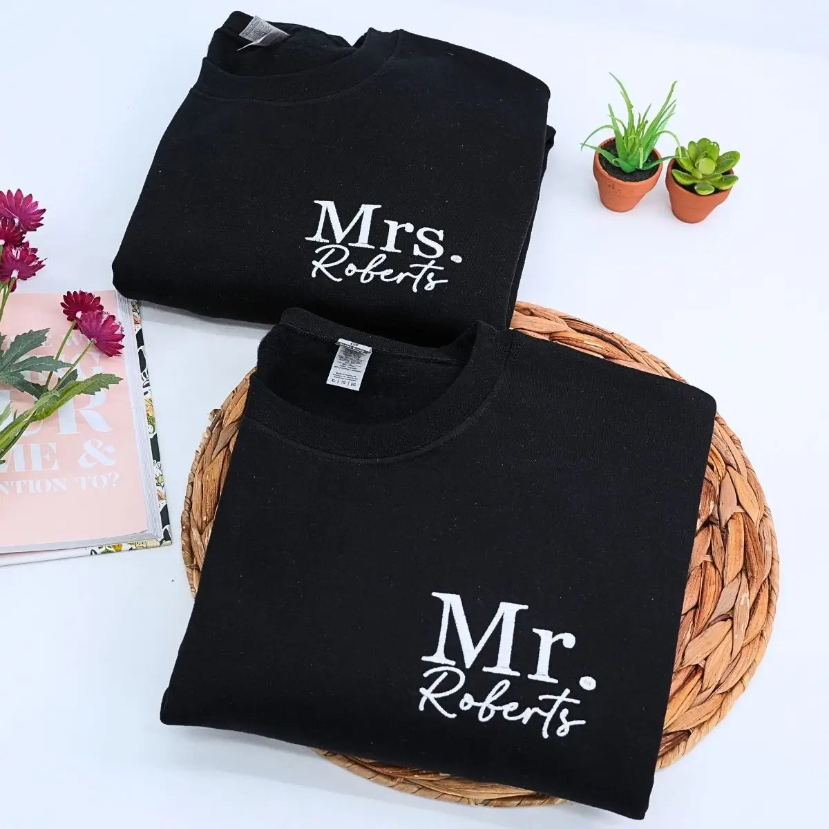 Personalized Mr and Mrs Crewneck Sweatshirts Set, Wedding Honeymoon Gift