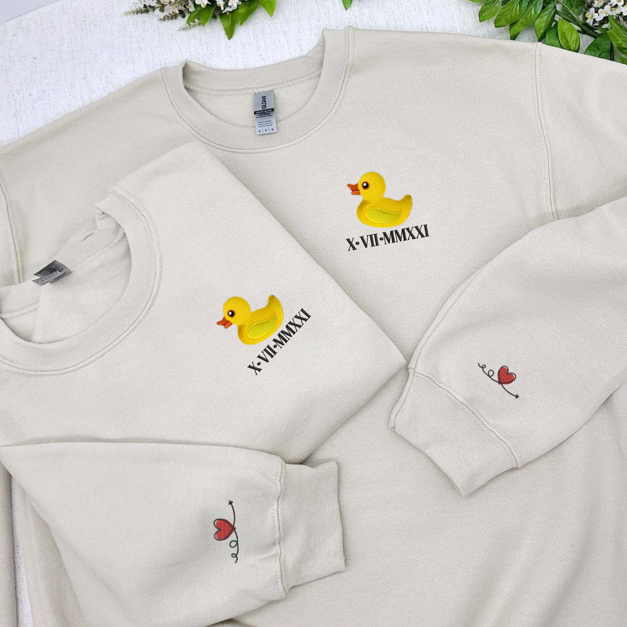 Embroidered Duck Matching Hoodie Set for Valentines, Custom Gift