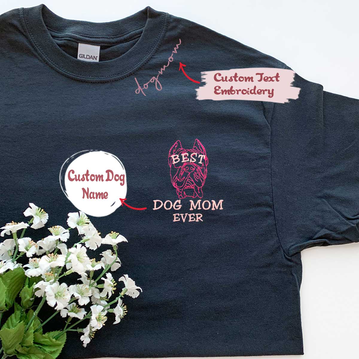 Personalized Embroidered Cane Corso Dog Mom Shirt with Custom Dog Name