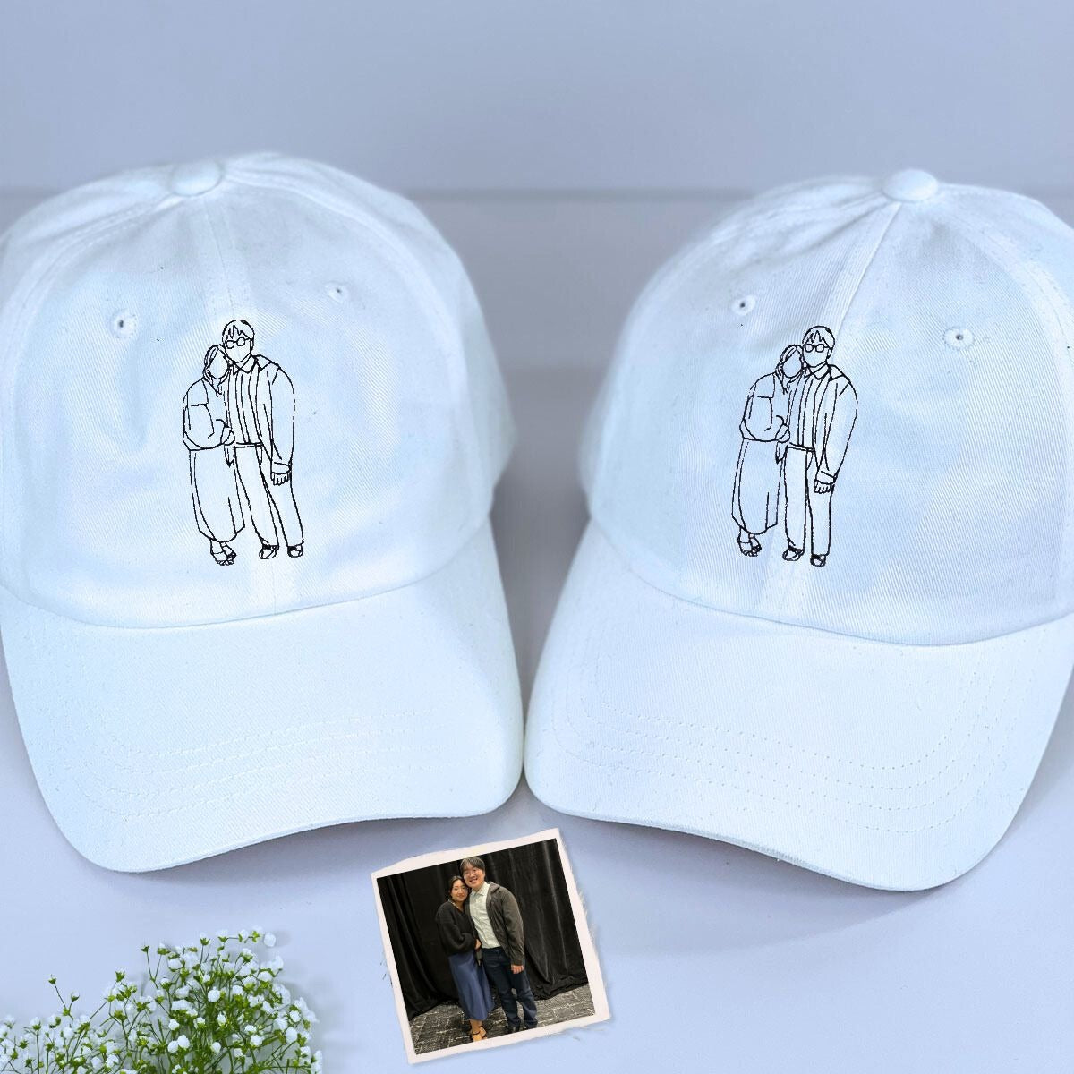 Embroidered Couple Portrait Custom Hat - Personalized Romantic Gift