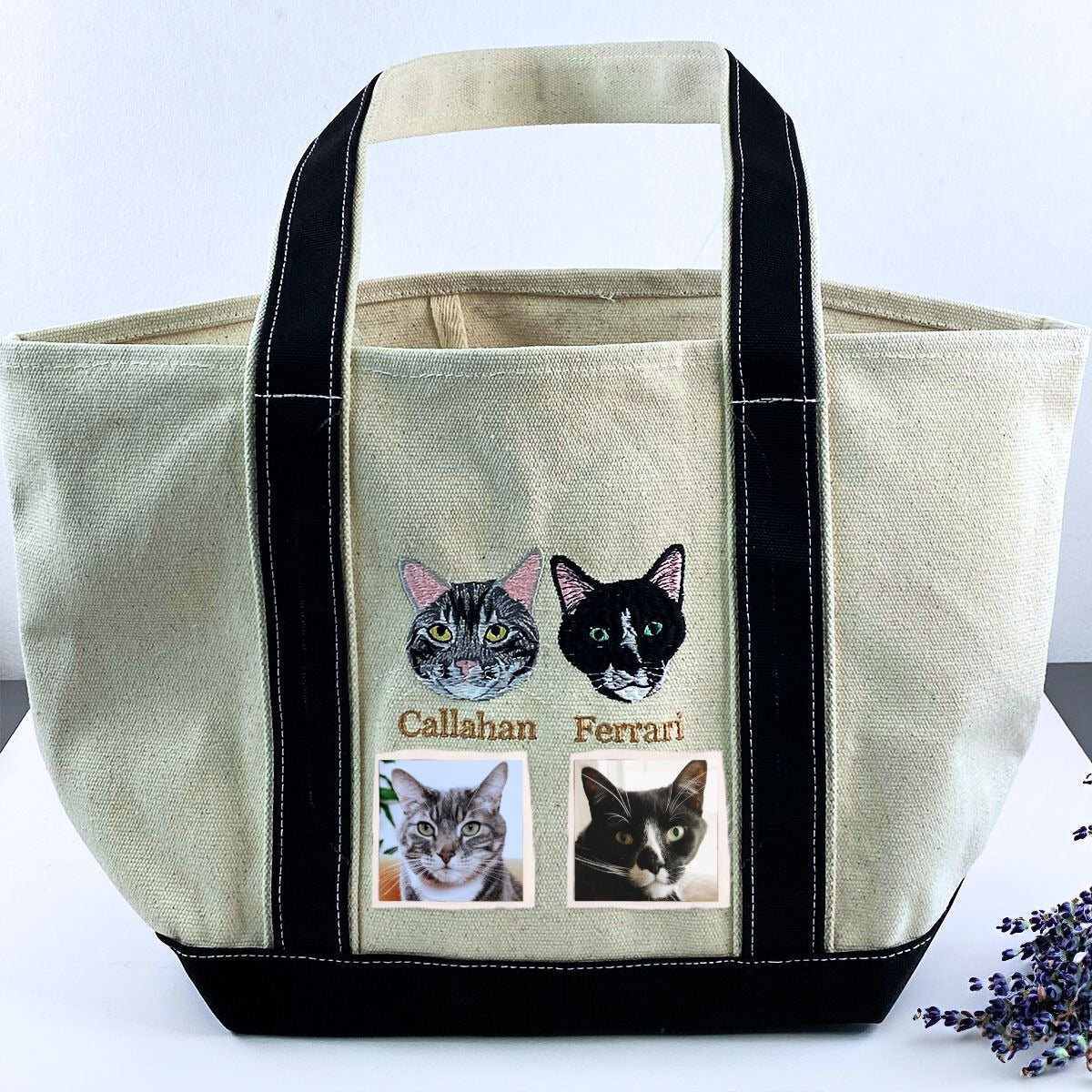 Cat Embroidered Tote Bag - Personalized Photo Gift for Cat Lovers