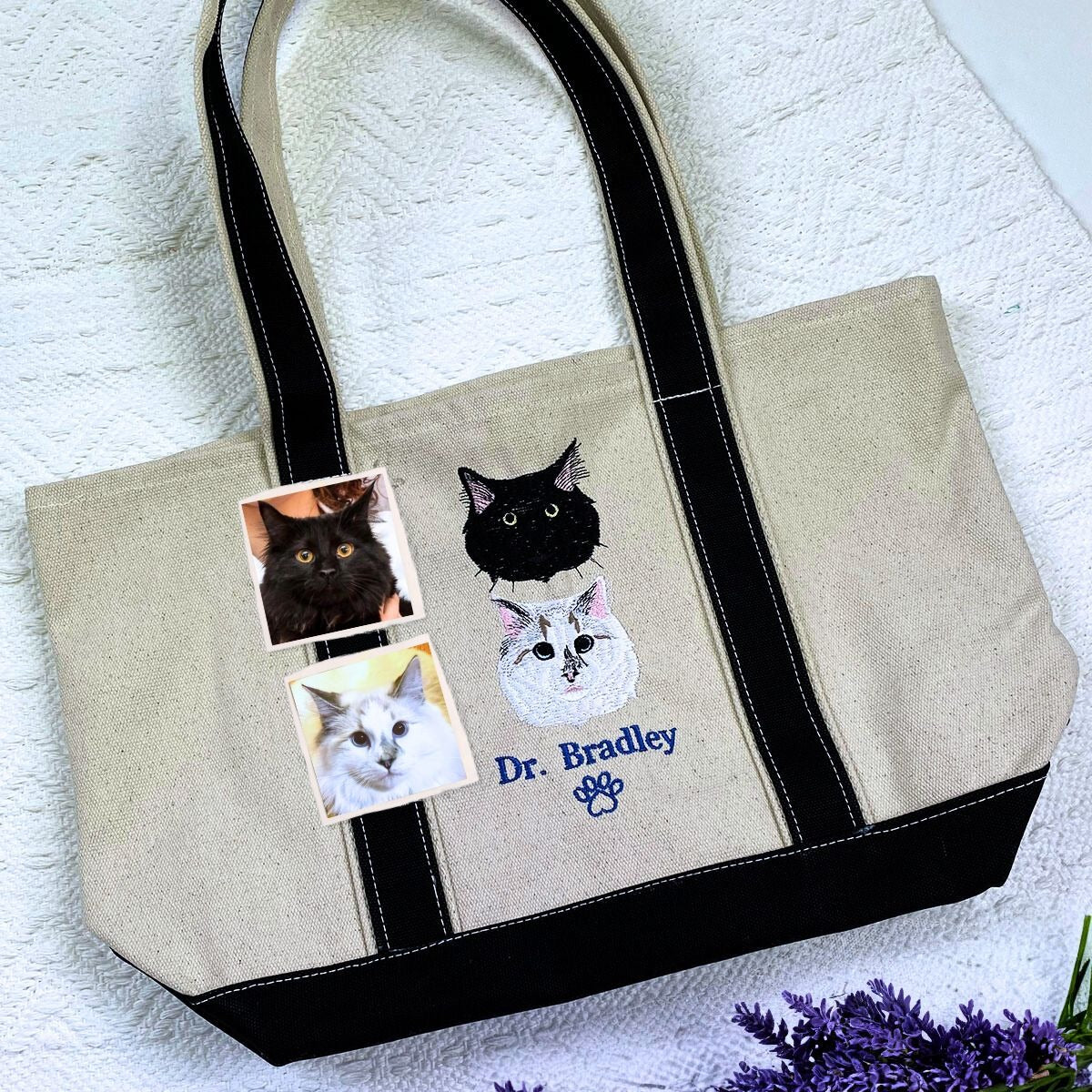 Cat Embroidered Tote Bag - Personalized Photo Gift for Cat Lovers
