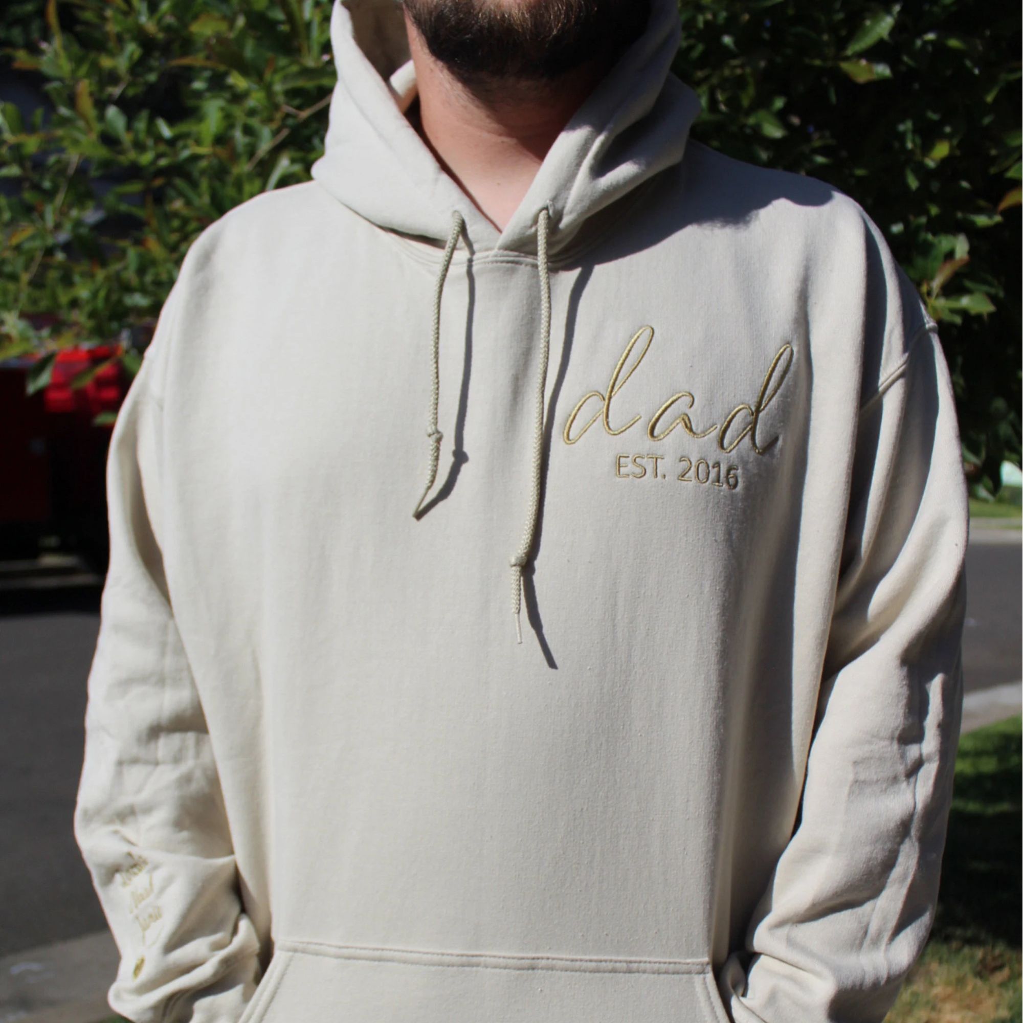 Personalized Fathers Day Hoodie with Embroidered Est 2023 Any Year