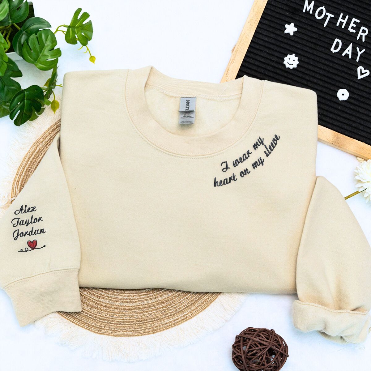 Personalized Heart Embroidered Sweatshirt, Custom Gift for Mom