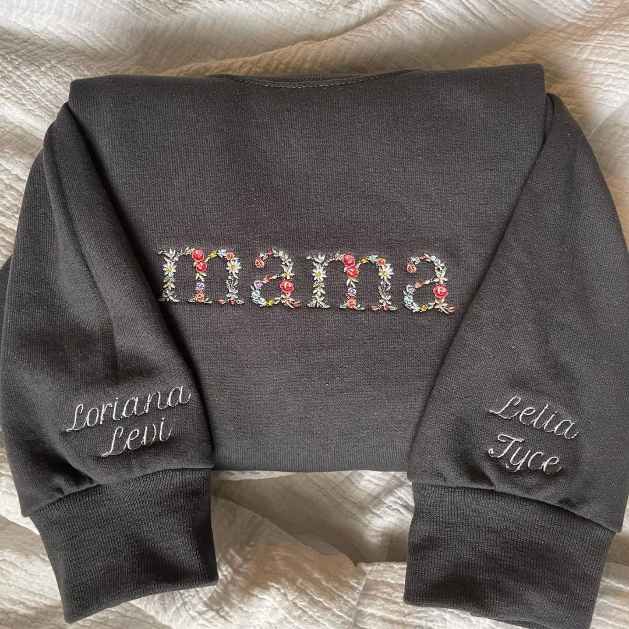 Floral Embroidered Mama Hoodie with Custom Kids Name, Stylish Mothers Day Gift