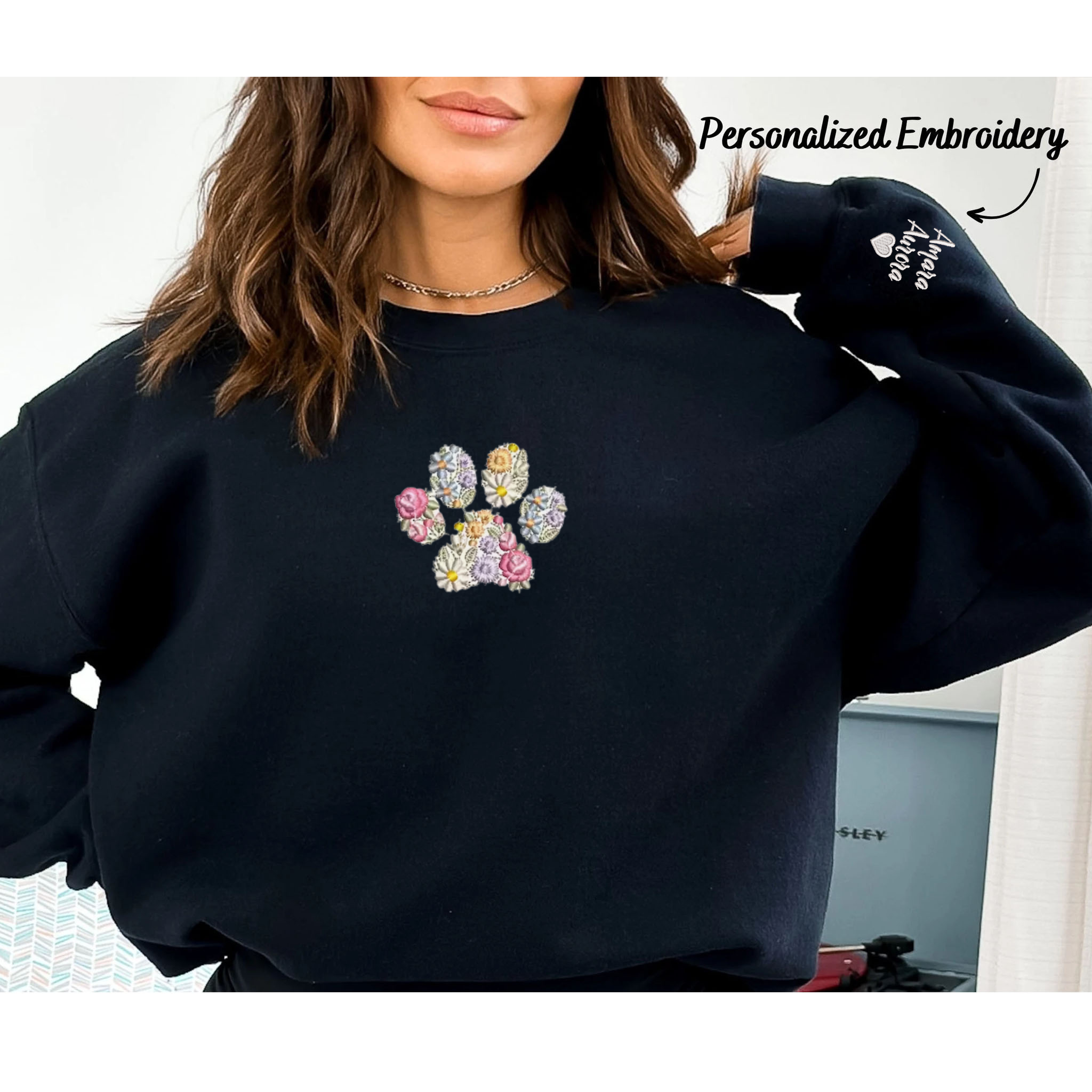 Custom Pet Paw Embroidered Sweatshirt, Personalized Floral Crewneck, Express Your Love
