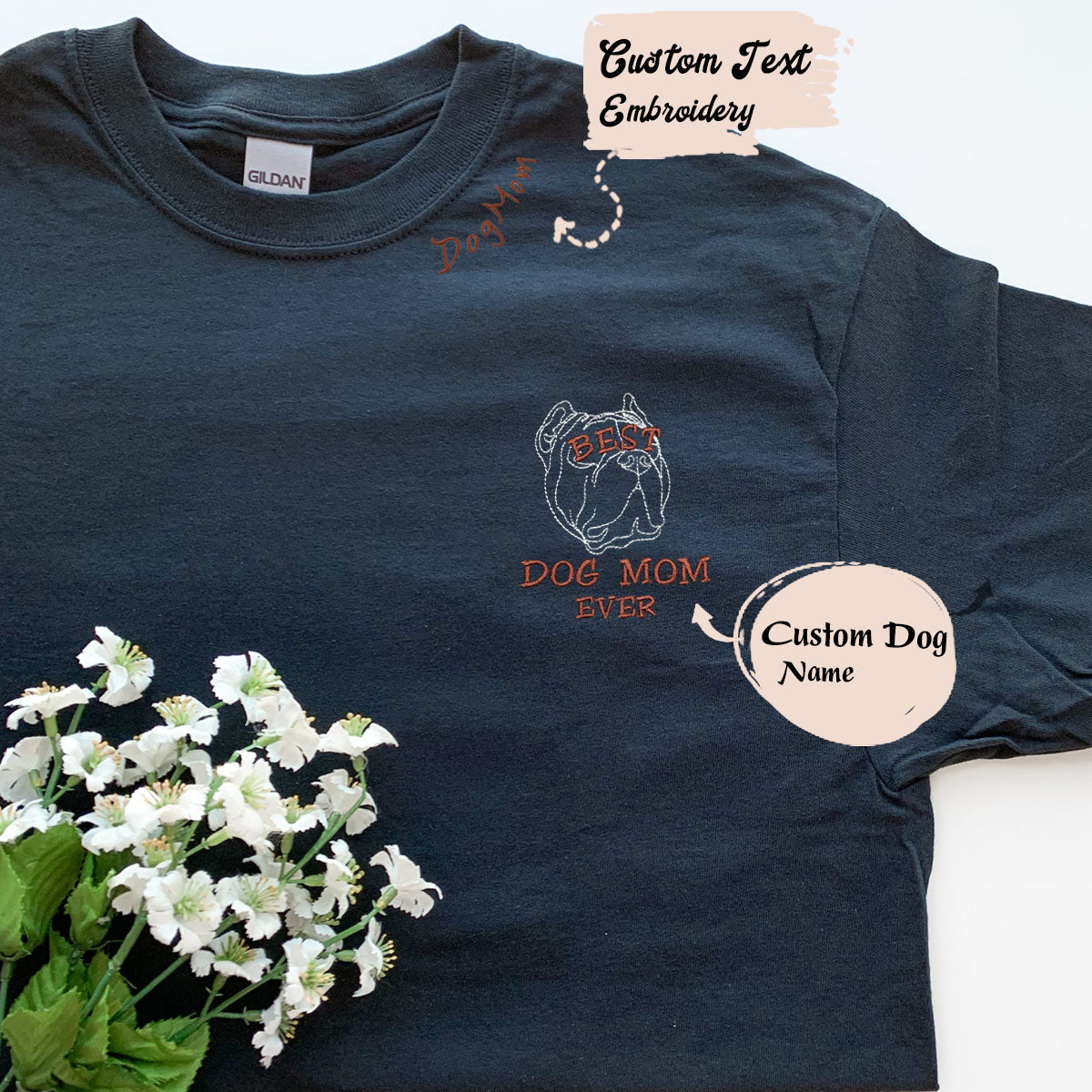 Personalized Pitbull Dog Mom Embroidered Collar Shirt, Custom Name Dog Lover Gift