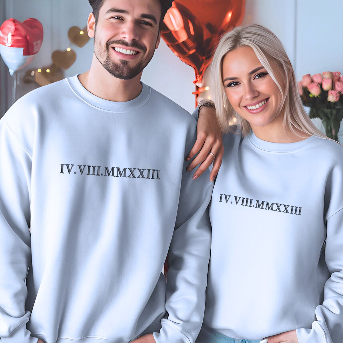 Custom Embroidered Roman Numeral Unisex Sweatshirt for Couples