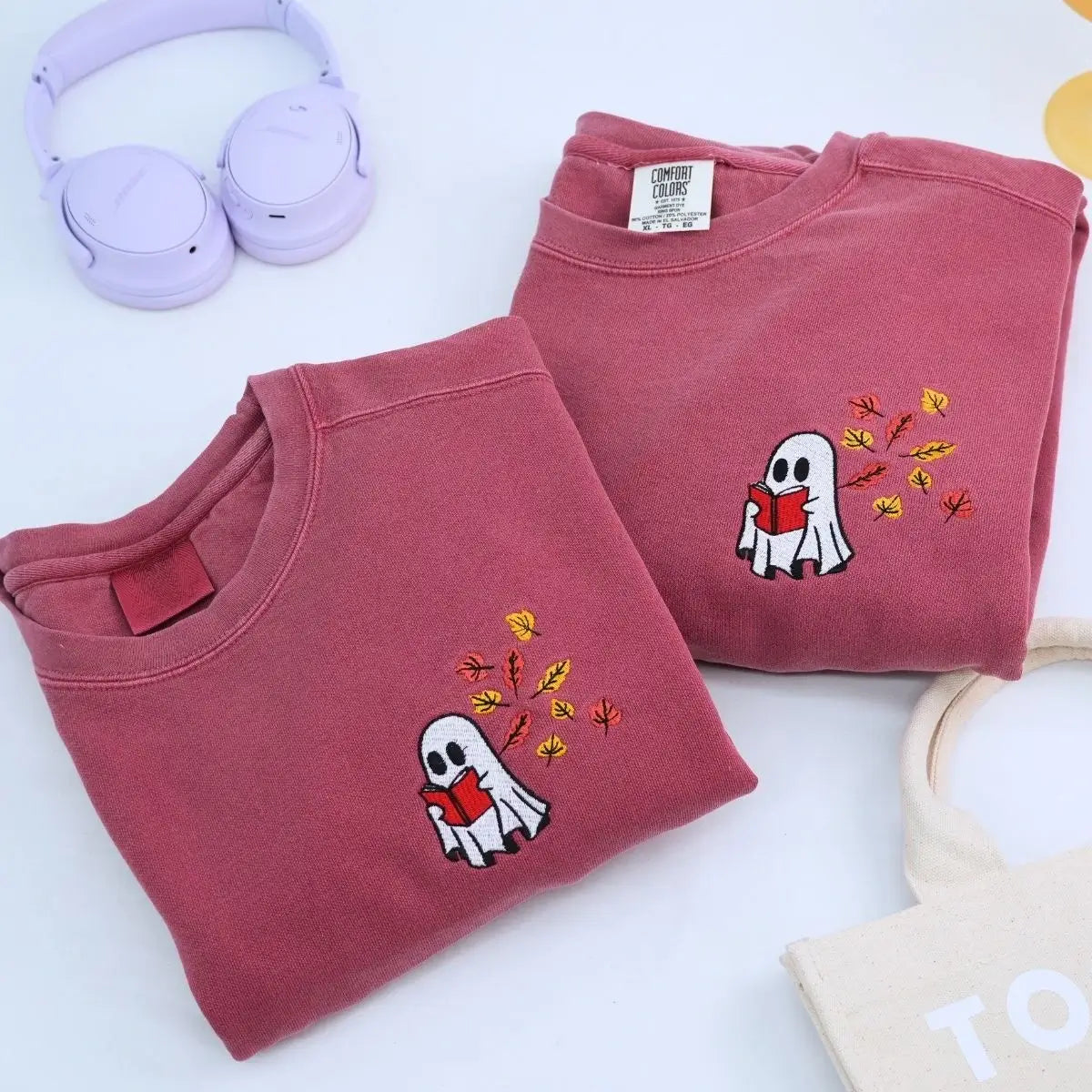 Ghost Book Lover Embroidered Halloween Sweatshirt - Cozy Fall Wear