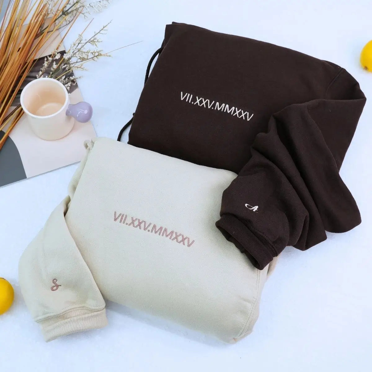 Roman Numerals Embroidered Matching Couple Hoodies Gift Set