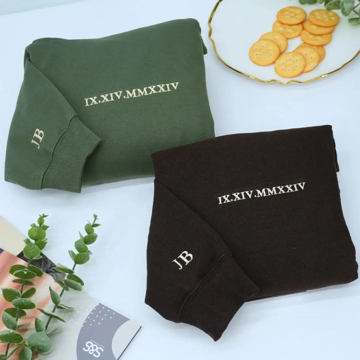 Roman Numerals Embroidered Matching Couple Hoodies Gift Set