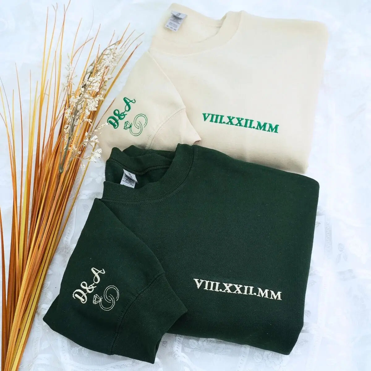 Roman Numerals Embroidered Matching Couple Hoodies Gift Set