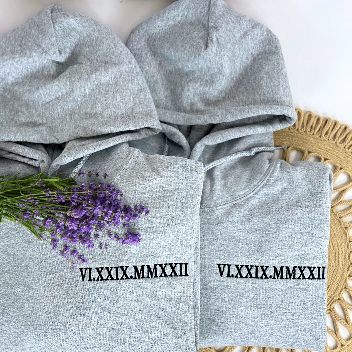 Roman Numerals Embroidered Matching Couple Hoodies Gift Set