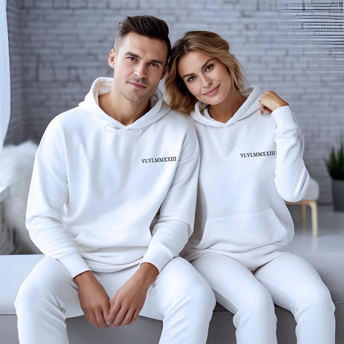 Roman Numerals Embroidered Matching Couple Hoodies Gift Set